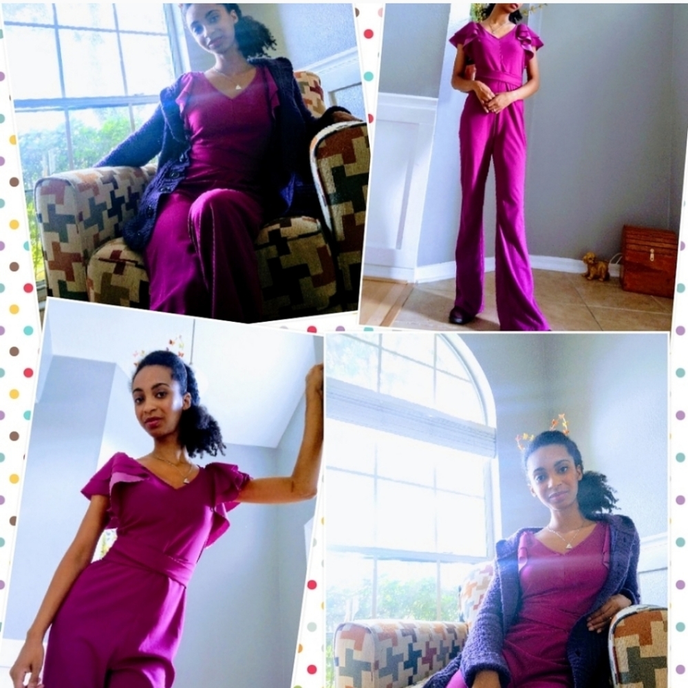 Magenta Ruffle Sleeve Jumpsuit - Purple